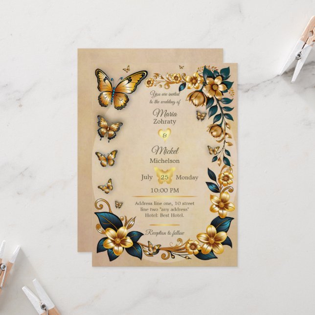 Borboletas de ouro de convite para casamento (Frente/Verso In Situ)