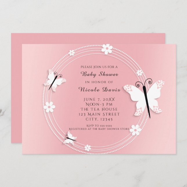 Borboletas e flores brancas e rosa - Convites (Frente/Verso)