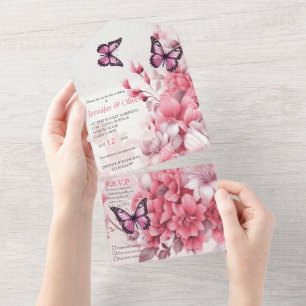 Borboletas e flores em diferentes tons de pinks