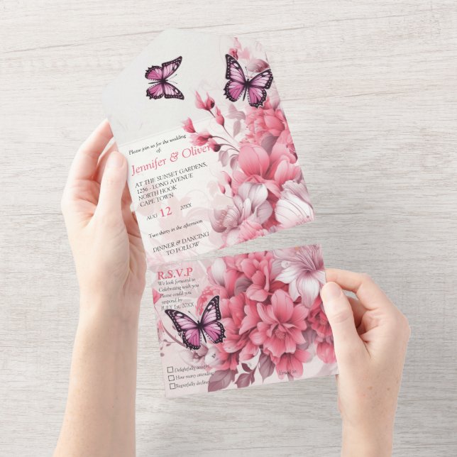 Borboletas e flores em diferentes tons de pinks (Aba destacável)