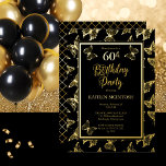 Borboletas Elegantes 60ª Festa de aniversário Pret<br><div class="desc">Borboletas modernas,  elegantes e elegantes de preto e de ouro reais,  de folha de ouro,  60ª festa de aniversário. O plano de fundo apresenta um padrão de grade diagonal em ouro falso. Composto por Holiday Hearts Design (direitos reservados).</div>