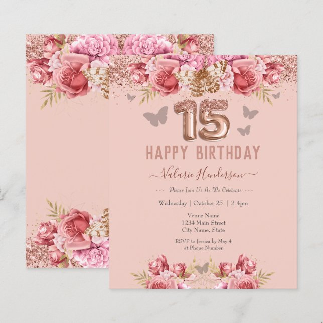 Borboletas Florais Feliz 15 de Aniversário (Frente/Verso)