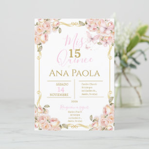 Borboletas Florais Rosa Quinceañera Convite
