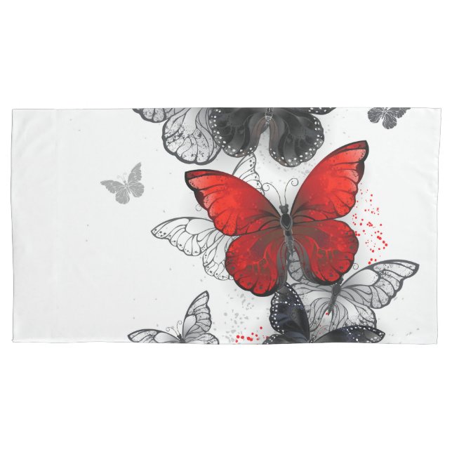 Borboletas Morpho Pretas e Vermelhas Voando (Frente)