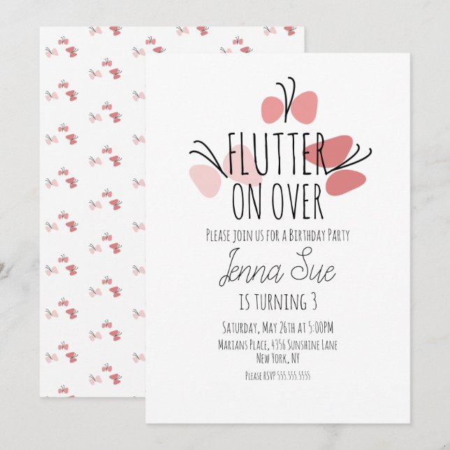 Borboletas rosa Convite de Aniversário Desenhado (Frente/Verso)