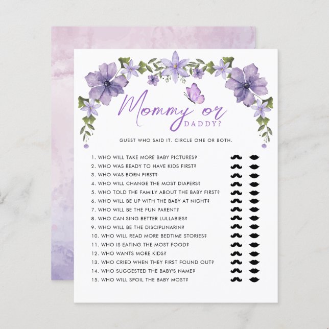 Borboletas roxas Mamãe de aquarela ou jogo de Pai (Frente/Verso)