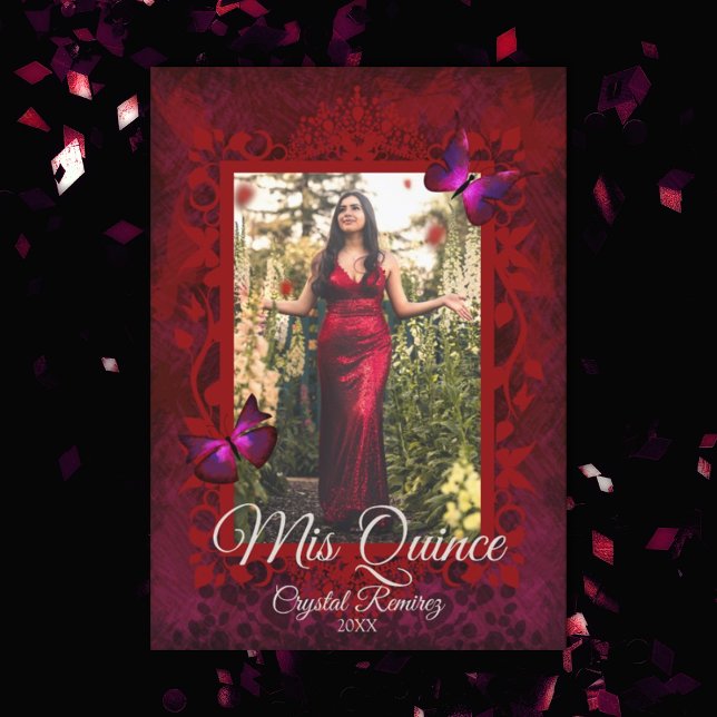 Borboletas Vermelhas Dobraram o Convite Quinceaner (elegant red butterfly quinceanera invitation, red quinceanera dress, ruby red mis quince)