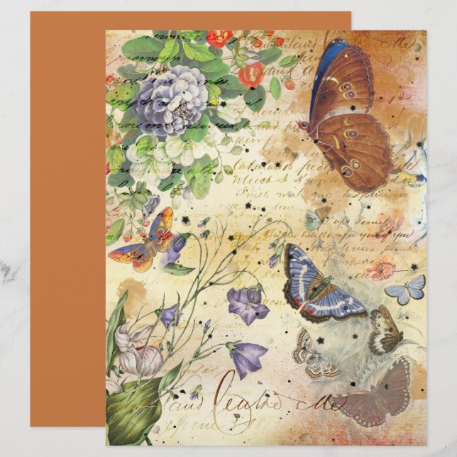 Borboletas Vintage Collagem Floral Papel Scrapbook (Frente/Verso)