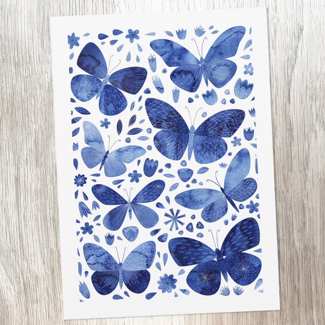 Borboletas Watercolor Blue Greeting Card (Blue and white watercolor butterfly painting greetings card)