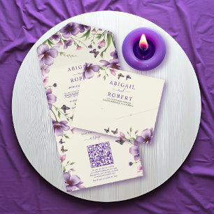 Borda de flores roxas e casamento do código QR da