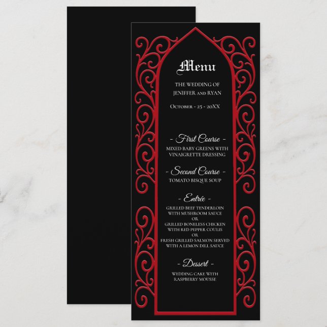 Borda ornamentada preta e vermelha Menu de Casamen (Frente/Verso)