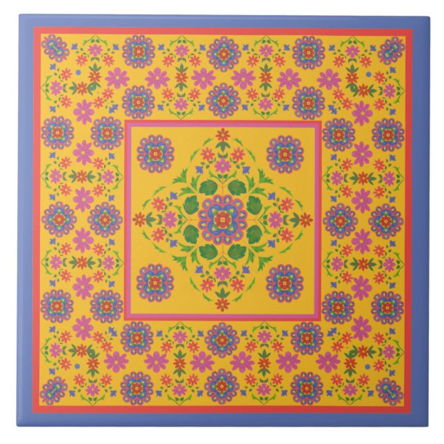 Borda Padrão Floral Rangoli, Azulejo Amarelo Cerâm (Frente)