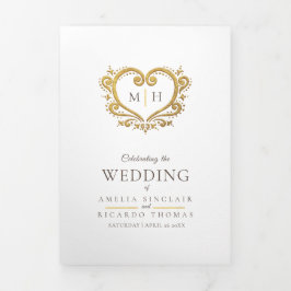 Borda Tripla Programa de casamento marrom com foto de monograma