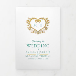 Borda Tripla Programa de casamento verde ouro com foto de monog