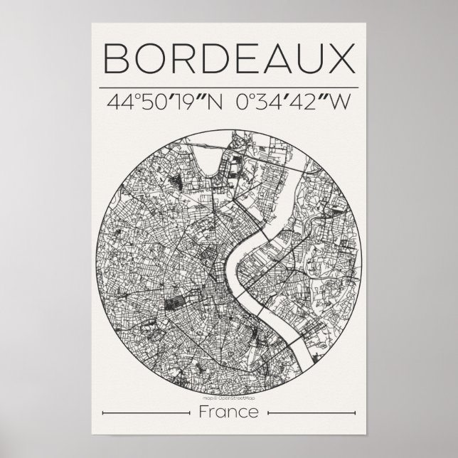 Bordeaux Charcoal City Map Poster – Minimal French (Frente)