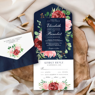 Bordô e Rosa Bege Floral Azul Marinho Casamento