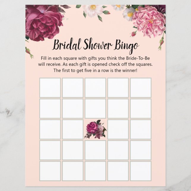 Borgonha Elegante e Flores Rosa Bridal Bingo (Frente)