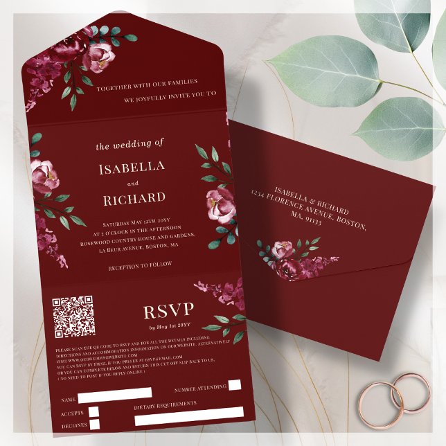 Borgonha | Marsala Red Floral | RSVP de Código QR (Criador carregado)