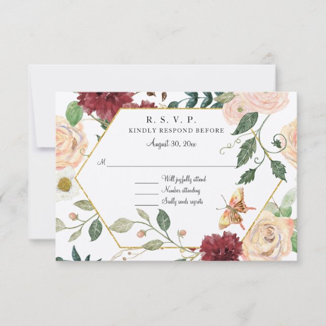 Borgonha Rustico Rosa Floral Aquarela Kraft RSVP (Frente)