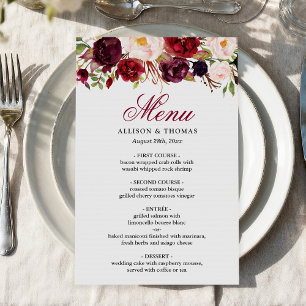 Borgonha vermelha cora menu chique floral do