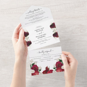 Borgonha Vermelho e Floral Branco Casamento Elegan