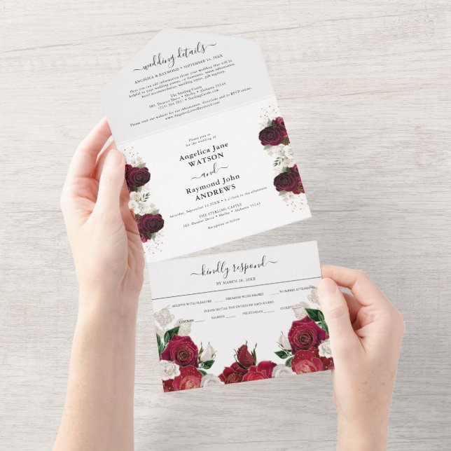Borgonha Vermelho e Floral Branco Casamento Elegan (Aba destacável)