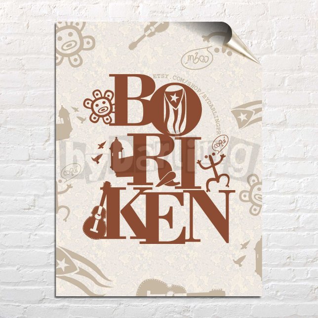 Boriken Puerto Rico Taino Wall Art Poster (Boriken Puerto Rico Brown Art Printed Poster over white brick wall)