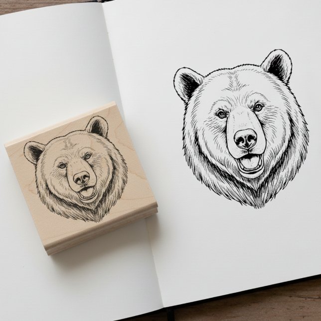 Borracha Carimbo de Arte em Madeira Cabeça de Urso Gravada (Beautiful etched bear head wooden art stamp.)