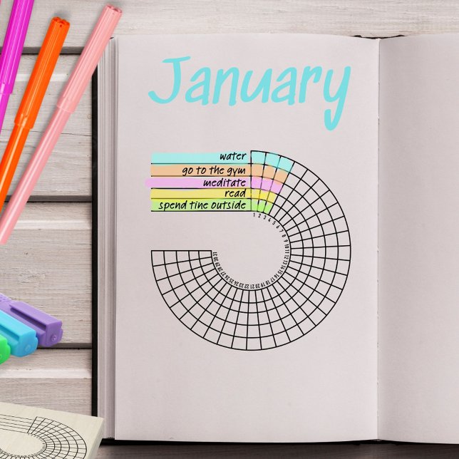 Borracha Carimbo de Diário do Controlador de Habitação Mens (Monthly radial habit tracker journal stamp to record daily goals. )