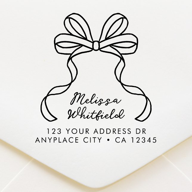 Borracha Carimbo de Endereço de Devolução | Laço de Fita Co (A feminine return address stamp with pretty coquette ribbon bow line art design.)
