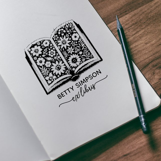 Borracha Carimbo de ex libris personalizado de livro e flor (Criador carregado)