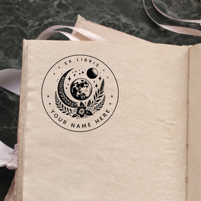 Borracha Carimbo redondo de moon floral ex libris (Criador carregado)
