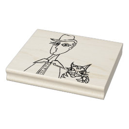 Borracha Homem com chapéu e gato - Carimbo de Arte da Madei