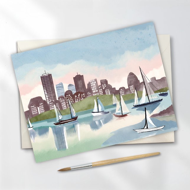 Boston Harbor Boston Watercolor Card Massachusetts (Criador carregado)
