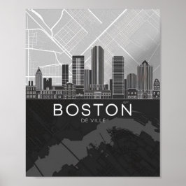 Boston Massachusetts City Skyline with Map Poster