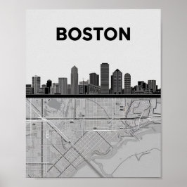 Boston Massachusetts City Skyline with Map Poster