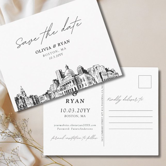 Boston Salve a data do casamento do cartão postal (Boston Save the Date Postcard Wedding
)
