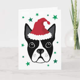 Boston terrier com o cartão de Natal do Papai Noel