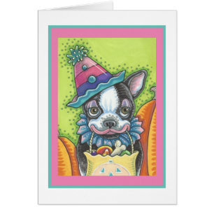 BOSTON TERRIER PUP, HALLOWEEN CLOWN DOG CARTÃO Ver