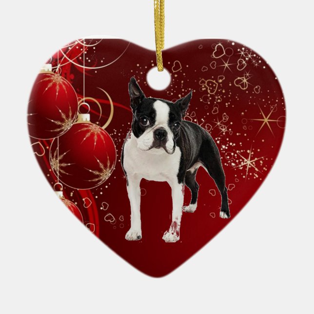 Boston Terrier que pendura enfeites de natal (Frente)