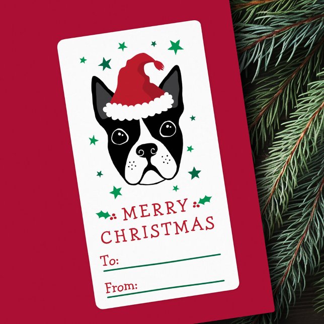 Boston terrier Santa hat Feliz etiqueta de present (Boston terrier Santa hat Merry Christmas gift tag)