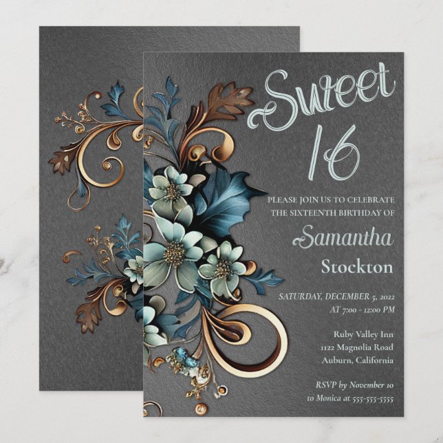 Botânica com Silver Sweet 16 Convite (Frente/Verso)
