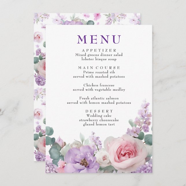 Botânica Floral Purple e Pink Weding Menu (Frente/Verso)
