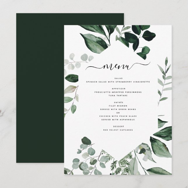 Botânica Greenery Foliage Watercolor Menu Casament (Frente/Verso)
