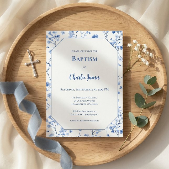 Botanical Blue Baptism Invitation (Criador carregado)