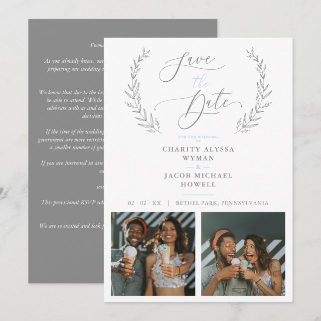 Botanical Grey 2 Photos Sophisticated Wedding (Frente/Verso)