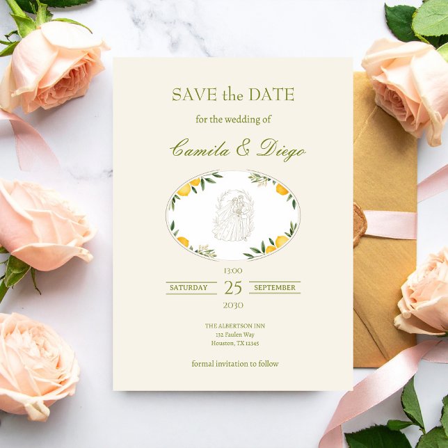 Botanical Lemon Olive Wedding Save the Date (Criador carregado)