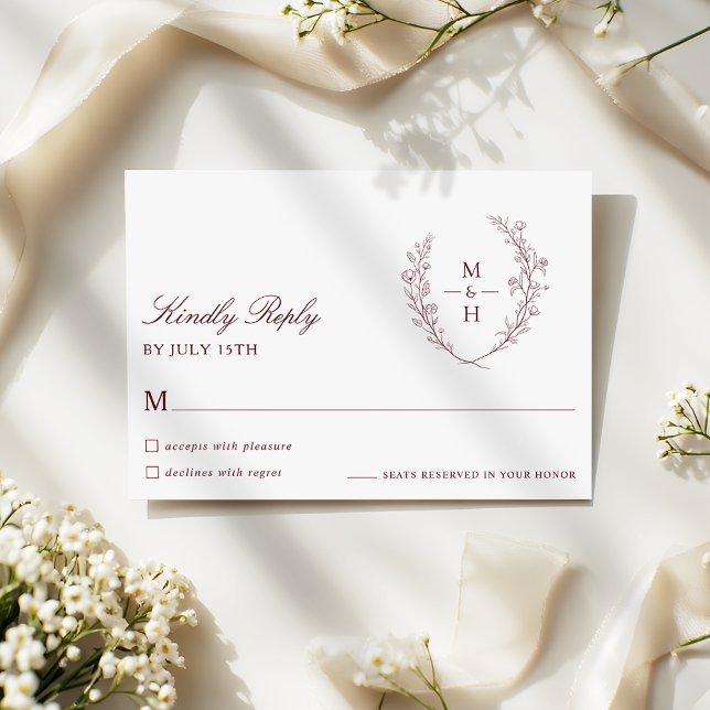 Botanical Monogram Burgundy Script Wedding RSVP (Criador carregado)