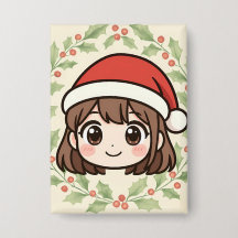 Botão de Anime Menina Kawaii de Natal Fofo 