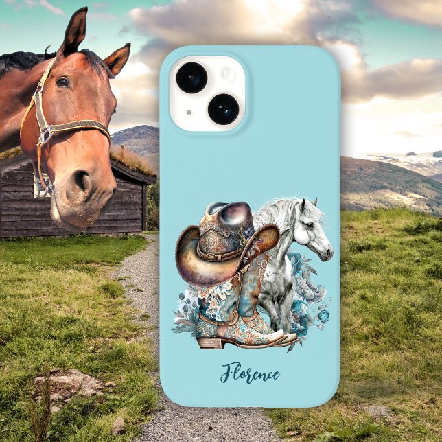 Botas de cowboy de cowboy de cowboy de cowboy que  (Horsegirl, horse lover personalized turquoise western style cowboy boots cowboy hat phone case.)